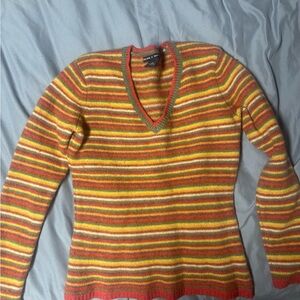 Wool Striped V-Neck Sweater in Orange, Yellow and Cream